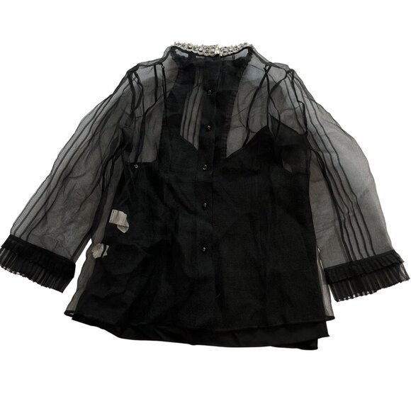 Marc Jacobs Embellished Neckline Sheer Long Sleeve Top in Black - Picture 2 of 5